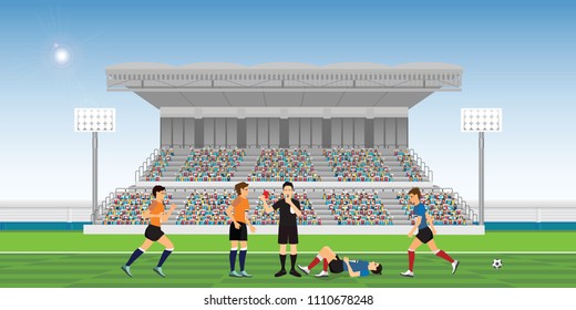 Referee blowing whistle and holding red card for soccer player commits a foul during football match team players sport championship vector illustration.