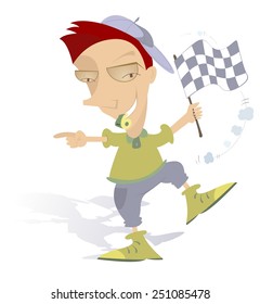 Referee is blowing a whistle and waving a go-ahead flag