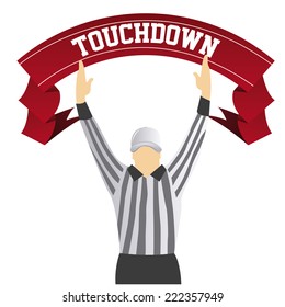 a referee with both hands up as a touchdown signal and a ribbon with text 