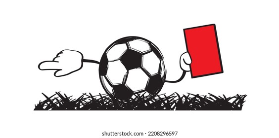 Tarjetas de referencia rojas, El jugador debe dejar el campo inmediatamente. La pelota de fútbol de caricatura como pegatina. Carácter mascota, hombre figura de palo para la semana mundial, ek sport finale, copa de juego deportivo. 