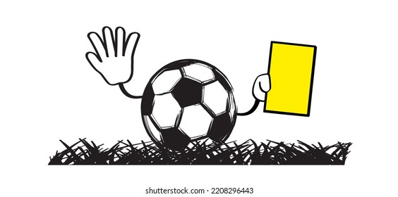 Las tarjetas de árbitro amarillas, se utilizan como advertencia o castigo por una infracción. La pelota de fútbol de caricatura como pegatina. Personaje de mascota, figura de palo. Para la semana mundial, ek sport finale, copa de juego deportivo. 