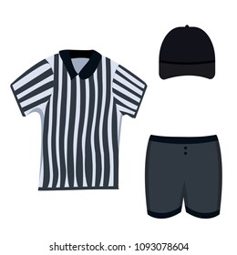 Referee clothing set: black cap, short, striped polo. Lacrosse referee clothes set.
Modern flat cartoons style vector illustration icons. Isolated on white background.  Sport referee wear. Blank cap.