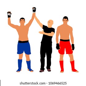 Referee declares the winner of the match, fighter vector illustration. Referee proclaims winner. Champion celebrate win. Unanimous decision of the judge. MMA boxer fighter winner celebrates victory.