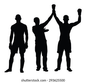 Referee declares the winner of the match, fighter vector silhouette. Referee proclaims winner. Champion celebrate win. Unanimous decision of the judge. MMA boxer fighter winner celebrates victory.