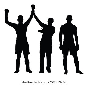 Referee declares the winner of the match, fighter vector silhouette. Referee proclaims winner. Champion celebrate win. Unanimous decision of the judge. MMA boxer fighter winner celebrates victory.