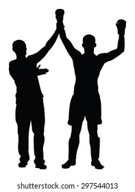Referee declares the winner of the match, fighter vector silhouette. Referee proclaims winner. Champion celebrate win. Unanimous decision of the judge. MMA boxer fighter winner celebrates victory.