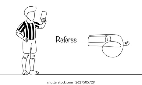 A referee drawn with a continuous line, who controls the course of a sports competition, monitors compliance with the rules and makes decisions on controversial issues. A whistle lies nearby.