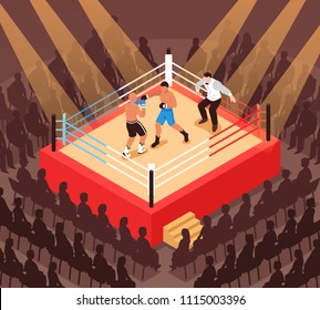 Referee and fighters during boxing match on ring and silhouettes of spectators isometric vector illustration