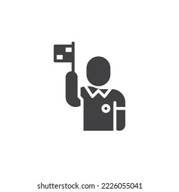 Referee with flag vector icon. filled flat sign for mobile concept and web design. Soccer Referee Assistant glyph icon. Symbol, logo illustration. Vector graphics