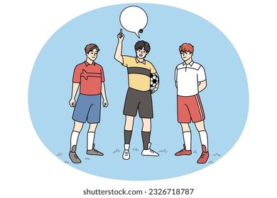 Referee with football players announce fair play on field. Sports activity concept. Men playing football outdoors. Flat vector illustration.