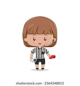 A referee girl cute character who holds a whistle and a ball
