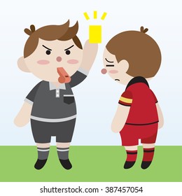referee give yellow card to football player cartoon vector