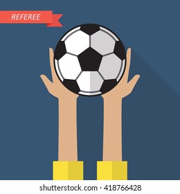 Referee hand holding a soccer ball. Vector illustration