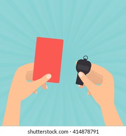 Referee hands hold a red card and whistle on sun rays green background. 
