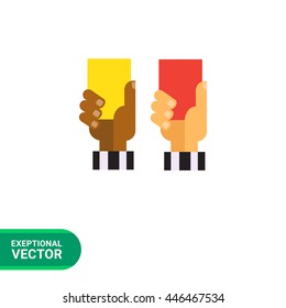 Referee hands with red and yellow cards