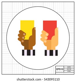 Referee hands with red and yellow cards