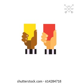 Referee hands with red and yellow cards