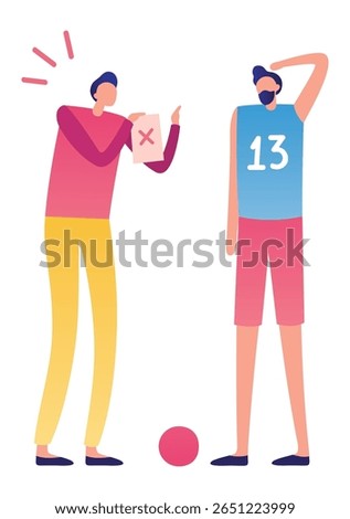 Referee holding a red card and pointing decisively off the field, dismissing a player for committing a foul and enforcing the rules of fair play during an intense soccer match