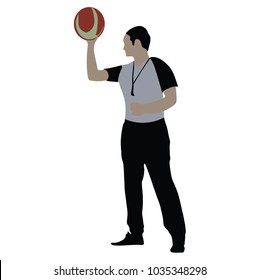 The referee holds the ball to start the match, referee basketball, vector