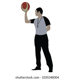 The referee holds the ball to start the match, referee basketball, vector