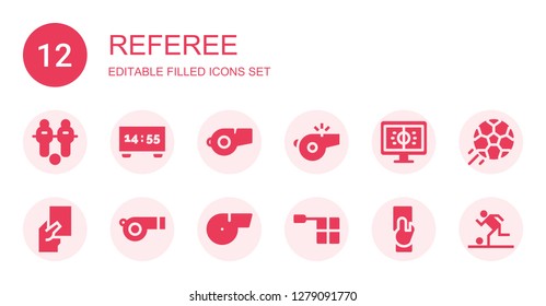 referee icon set. Collection of 12 filled referee icons included Football, Scoreboard, Whistle, Red card, Offside, Referee