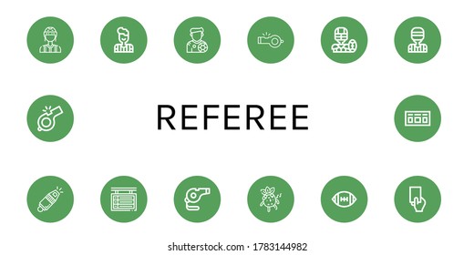 referee icon set. Collection of Referee, Footballer, Whistle, American football, Scoreboard, Red card icons