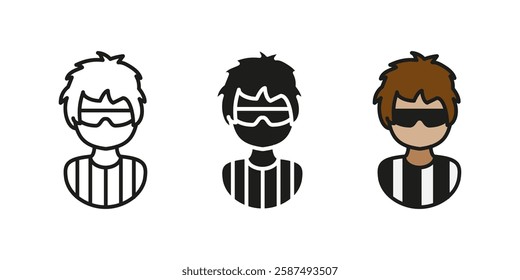 Referee icon. Sports judge in a striped uniform with glasses. Game official vector illustration. Professional decision-maker in competitive sports. Authority figure person. Sports umpire concept.