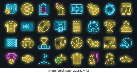 Referee icons set. Outline set of referee vector icons neon color on black