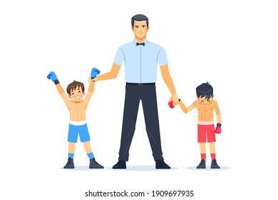 Schiedsbeleuchtung Hand des Gewinners mit Verlierer im Boxring stehen. Professionelles Boxen unter Jungen Konzept des Sports und gesunden Lebensstil. Cartoon, Vektorgrafik einzeln auf weißem Hintergrund.