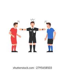 Referee mediating conflict between two football players. Illustration showing a sports official separating two angry players in different colored jerseys. Ideal for articles on sportsmanship, fair play, or conflict resolution.