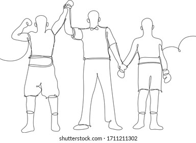 Referee Proclaiming The Winner Of A Boxing Match. Winner And Loser. Continuous Line Vector Illustration On White Background