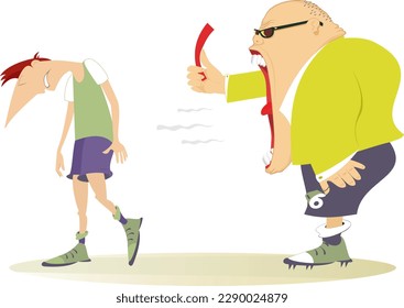 Referee. Red card. Sportsperson.
Cartoon referee shows a red card to the player. Removal from the game
