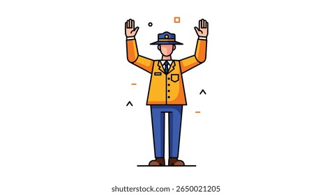 A referee stands firmly with both hands raised signaling a halt or a stop in the game activity