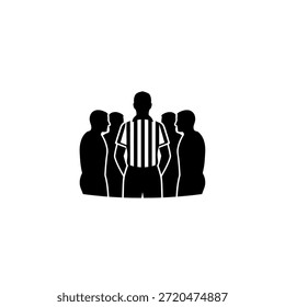 Un árbitro de pie de espaldas al espectador, frente a un grupo de jugadores en un grupo, simbolizando el trabajo en equipo y la estrategia en los deportes.
