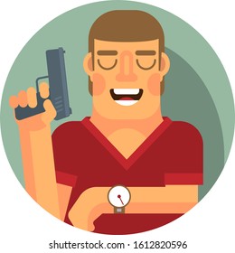 The referee with the starting gun in one hand, looking at the stopwatch. Vector illustration.