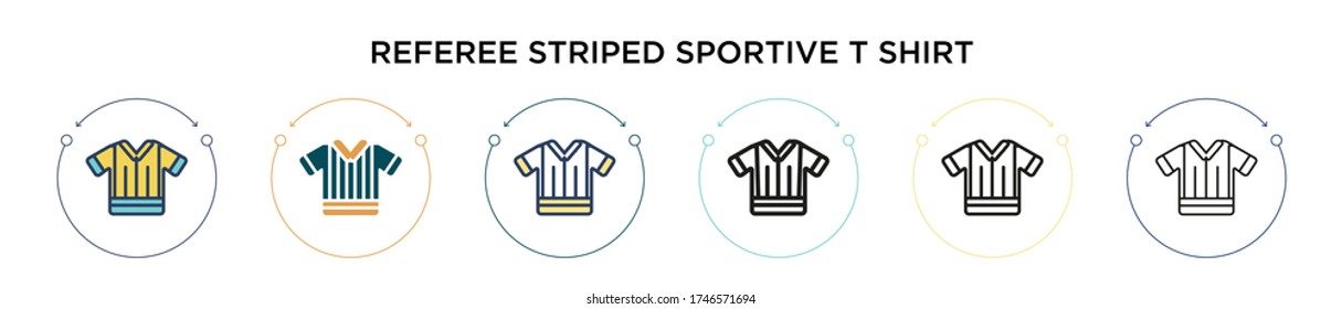 Referee striped sportive t shirt icon in filled, thin line, outline and stroke style. Vector illustration of two colored and black referee striped sportive t shirt vector icons designs can be used