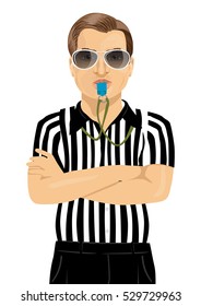 referee with sunglasses blowing whistle standing with arms folded