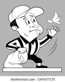 A referee throws a flag from a bag of flags.