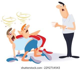 Referee and tired boxers in ring. Funny people. Illustration concept template for website, web landing page, banner, presentation, social, poster, promotion or print media.