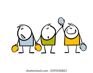 Referee and two boxers in the ring after the fight. Vector illustration stickman announced the winner of the competition. Isolated cartoon man on white background.