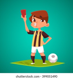 Referee Vector Illustration.  Kid with ball and red card play football vector illustration