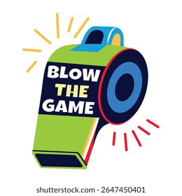 Referee whistle with blow the game text, flat sticker