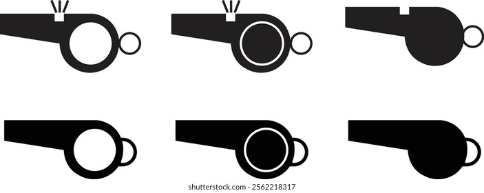 Referee whistle flat icons set. Equipment for sports, football, fitness. Sound blowing tool. Accessory for trainer, police, lifeguard duty and referee vectors isolated on transparent background.