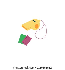 Referee whistle with foul red and yellow cards, flat vector illustration isolated on white background. Attributes for arbitrator of football or soccer sport competition.