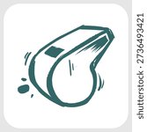 Referee whistle icon in hand drawn sketch style. Minimalist doodle of sports coaching equipment for match signals, training, and competition. High quality vector illustration.