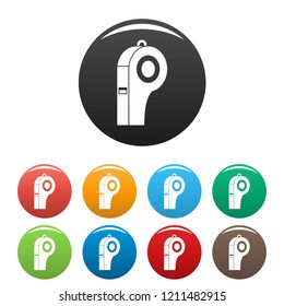 Referee whistle icons set 9 color vector isolated on white for any design