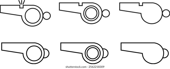 Referee whistle line icons set. Equipment for sports, football, fitness. Sound blowing tool. Accessory for trainer, police, lifeguard duty and referee vectors isolated on transparent background.