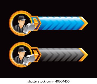 referee and whistle on blue and black arrows