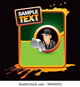 referee and whistle on orange splattered advertisement