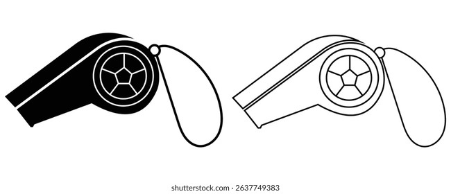 Referee whistle vector icon. Whistle icon. Soccer or football match referee blower whistle vector symbol. Trainer coach blow whistle emblem. Vector illustration.